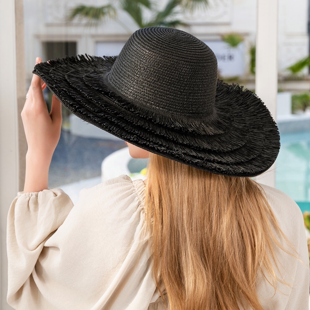 Ruffle Raffia Tassel Pointed Sun Hat
